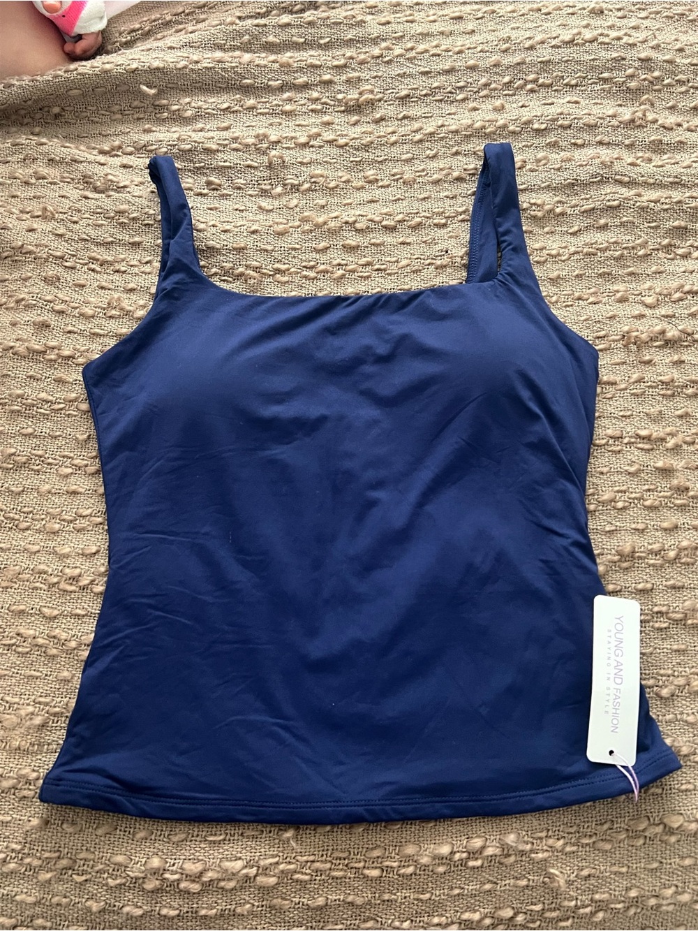 Navy Square-Neck Athletic Tank Top with Built in Bra